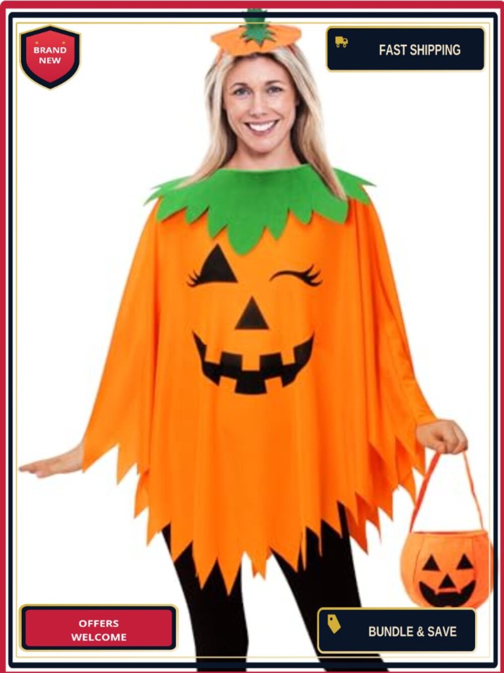Pumpkin Poncho Costume Set Women Halloween Polyester 3 Piece